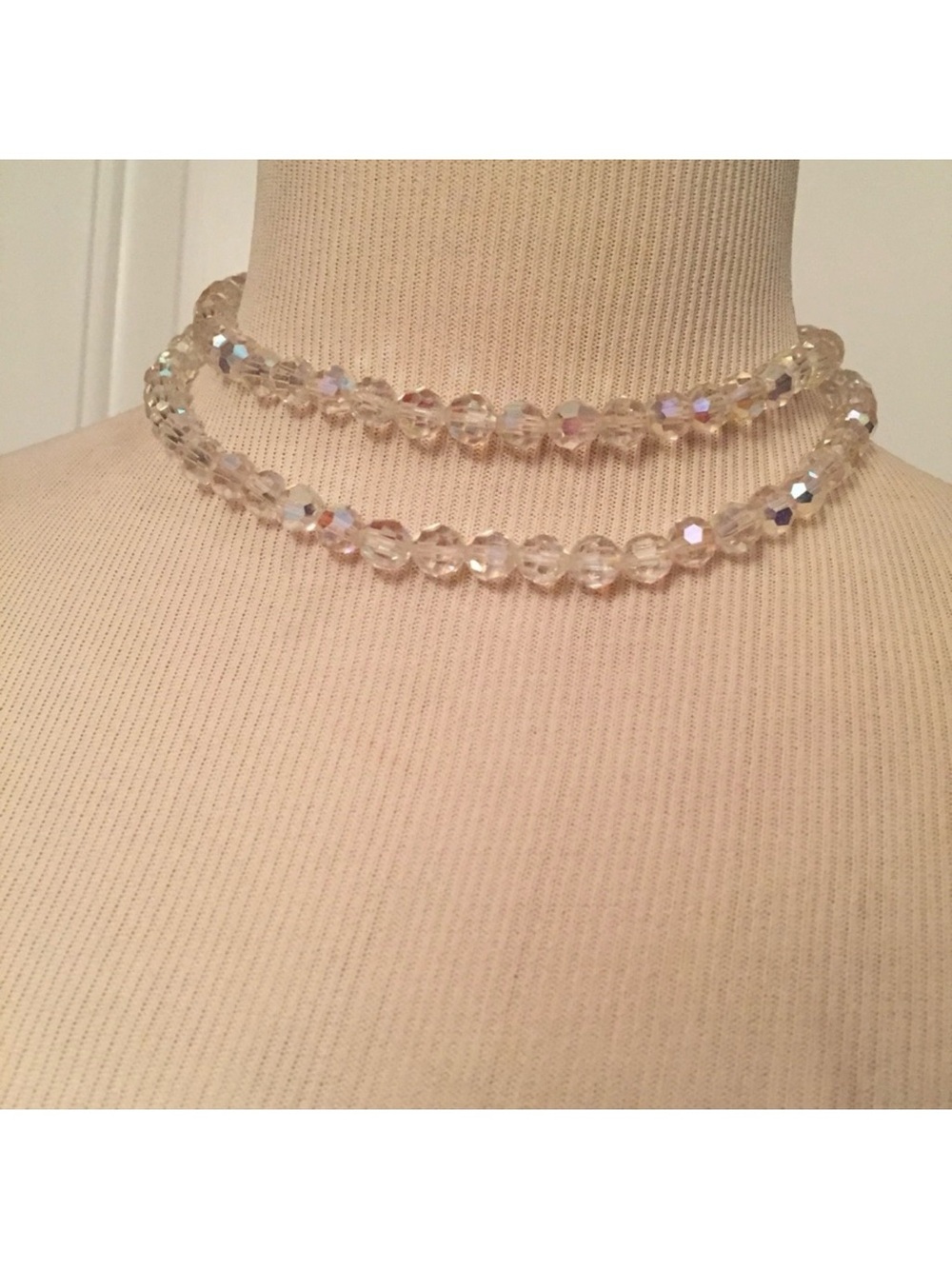 CORO NECKLACE DOUBLE STRAND CRYSTALS VINTAGE AB 15” AURORA BOREALIS CHOKER